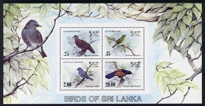 Sri Lanka 1983 Birds - 2nd series m/sheet containing 4 vals unmounted mint, SG MS 831, stamps on , stamps on  stamps on birds, stamps on  stamps on pigeon, stamps on  stamps on flycatcher, stamps on  stamps on coucal, stamps on  stamps on white-eye