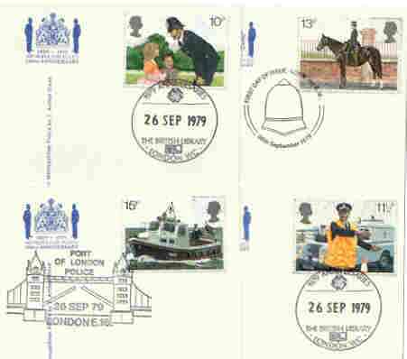 Great Britain 1979 Metropolitan Police 150th Anniversary set of 4 each affixed to appropriate postcard produced by the Metropolitan Police with first day cancels, stamps on police, stamps on horses, stamps on land rover, stamps on 