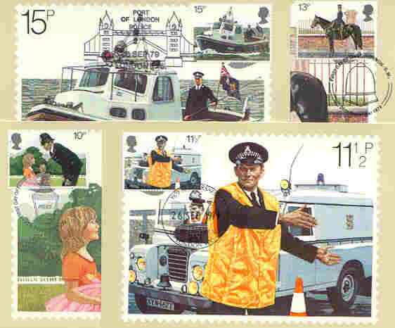 Great Britain 1979 Metropolitan Police 150th Anniversary set of 4 PHQ cards with appropriate stamps each very fine used with first day cancels, stamps on police, stamps on horses, stamps on land rover, stamps on 