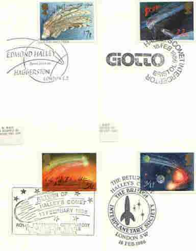 Great Britain 1986 Halley's Comet set of 4 PHQ cards with appropriate stamps each very fine used with first day cancels, stamps on , stamps on  stamps on space, stamps on halley