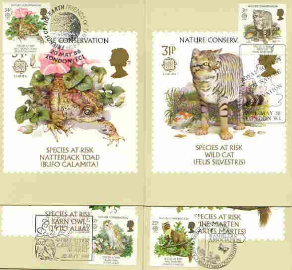 Great Britain 1986 Europa - Nature Conservation set of 4 PHQ cards with appropriate stamps each very fine used with first day cancels, stamps on , stamps on  stamps on europa, stamps on owls, stamps on birds of prey, stamps on martin, stamps on cats, stamps on toad, stamps on frogs