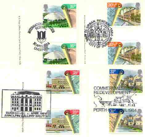 Great Britain 1984 Urban Renewal set of 4 PHQ cards with appropriate gutter pairs each very fine used with first day cancels, stamps on architecture