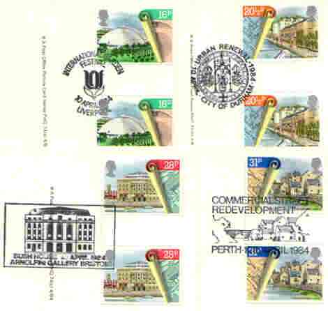 Great Britain 1984 Urban Renewal set of 4 PHQ cards with appropriate gutter pairs each very fine used with first day cancels, stamps on , stamps on  stamps on architecture