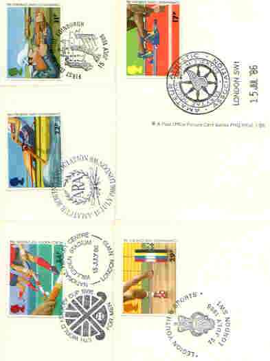 Great Britain 1986 Commonwealth Games & World Hockey Cup set of 5 PHQ cards with appropriate stamps each very fine used with first day cancels, stamps on , stamps on  stamps on sport, stamps on field hockey, stamps on weightlifting, stamps on rifle, stamps on rowing, stamps on athletics