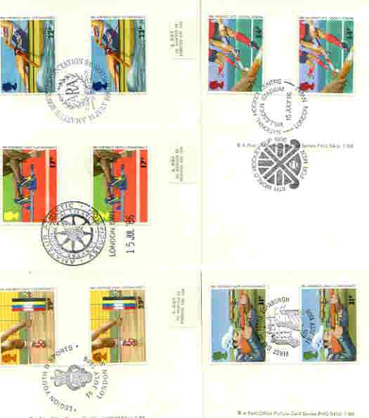 Great Britain 1986 Commonwealth Games & World Hockey Cup set of 5 PHQ cards with appropriate gutter pairs each very fine used with first day cancels, stamps on sport, stamps on field hockey, stamps on weightlifting, stamps on rifle, stamps on rowing, stamps on athletics