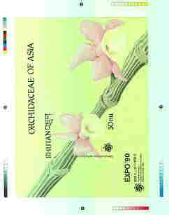 Bhutan 1990 Orchids - Intermediate stage computer-generated artwork (as submitted for approval) for 30nu m/sheet (Dendrobium aphyllum) 180 x 135 mm similar to issued desi..., stamps on orchids, stamps on flowers