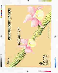 Bhutan 1990 Orchids - Intermediate stage computer-generated essay #1 (as submitted for approval) for 30nu m/sheet (Dendrobium aphyllum) 180 x 135 mm very similar to issue..., stamps on orchids, stamps on flowers