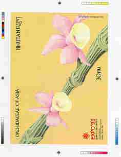 Bhutan 1990 Orchids - Intermediate stage computer-generated essay #3 (as submitted for approval) for 30nu m/sheet (Dendrobium aphyllum) 180 x 135 mm very similar to issued design, plus marginal markings, ex Government archives and probably unique (as Sc 884), stamps on , stamps on  stamps on orchids, stamps on flowers