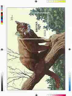 Bhutan 1990 Endangered Wildlife - Intermediate stage computer-generated essay #3 (as submitted for approval) for 25nu m/sheet (Golden Cat) 190 x 135 mm very similar to issued design plus marginal markings, ex Government archives and probably unique (as Sc 934), stamps on , stamps on  stamps on animals, stamps on cats