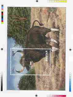 Bhutan 1990 Endangered Wildlife - Intermediate stage computer-generated essay #1 (as submitted for approval) for 25nu m/sheet (Gaur) 190 x 135 mm very similar to issued d..., stamps on animals, stamps on bovine, stamps on gaur