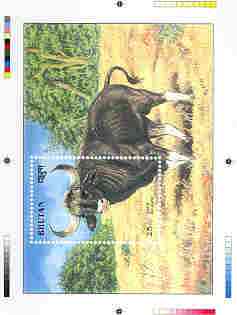 Bhutan 1990 Endangered Wildlife - Intermediate stage computer-generated essay #3 (as submitted for approval) for 25nu m/sheet (Gaur) 190 x 135 mm very similar to issued design plus marginal markings, ex Government archives and probably unique (as Sc 938), stamps on , stamps on  stamps on animals, stamps on bovine, stamps on gaur