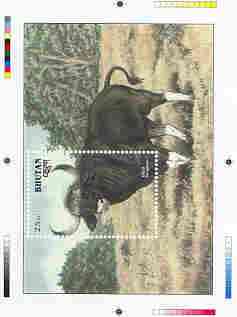 Bhutan 1990 Endangered Wildlife - Intermediate stage computer-generated essay #4 (as submitted for approval) for 25nu m/sheet (Gaur) 190 x 135 mm very similar to issued design plus marginal markings, ex Government archives and probably unique (as Sc 938), stamps on , stamps on  stamps on animals, stamps on bovine, stamps on gaur