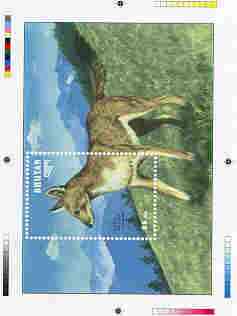 Bhutan 1990 Endangered Wildlife - Intermediate stage computer-generated essay #2 (as submitted for approval) for 25nu m/sheet (Asiatic Wild Dog) 190 x 135 mm very similar to issued design plus marginal markings, ex Government archives and probably unique (as Sc 932), stamps on , stamps on  stamps on animals, stamps on dogs