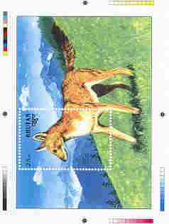Bhutan 1990 Endangered Wildlife - Intermediate stage computer-generated essay #3 (as submitted for approval) for 25nu m/sheet (Asiatic Wild Dog) 190 x 135 mm very similar..., stamps on animals, stamps on dogs