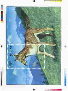Bhutan 1990 Endangered Wildlife - Intermediate stage computer-generated essay #4 (as submitted for approval) for 25nu m/sheet (Asiatic Wild Dog) 190 x 135 mm very similar to issued design plus marginal markings, ex Government archives and probably unique (as Sc 932), stamps on , stamps on  stamps on animals, stamps on dogs