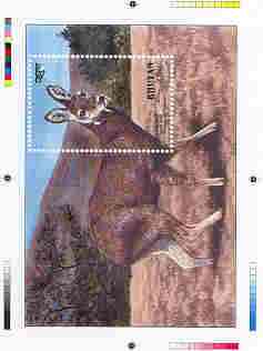 Bhutan 1990 Endangered Wildlife - Intermediate stage computer-generated essay #1 (as submitted for approval) for 25nu m/sheet (Himalayan Musk Deer) 190 x 135 mm very simi..., stamps on animals, stamps on deer