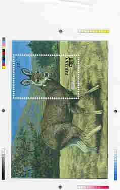 Bhutan 1990 Endangered Wildlife - Intermediate stage computer-generated essay #2 (as submitted for approval) for 25nu m/sheet (Himalayan Musk Deer) 190 x 135 mm very similar to issued design plus marginal markings, ex Government archives and probably unique (as Sc 935), stamps on , stamps on  stamps on animals, stamps on deer
