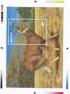 Bhutan 1990 Endangered Wildlife - Intermediate stage computer-generated essay #3 (as submitted for approval) for 25nu m/sheet (Himalayan Musk Deer) 190 x 135 mm very similar to issued design plus marginal markings, ex Government archives and probably unique (as Sc 935), stamps on , stamps on  stamps on animals, stamps on deer