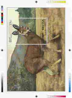 Bhutan 1990 Endangered Wildlife - Intermediate stage computer-generated essay #4 (as submitted for approval) for 25nu m/sheet (Himalayan Musk Deer) 190 x 135 mm very simi..., stamps on animals, stamps on deer