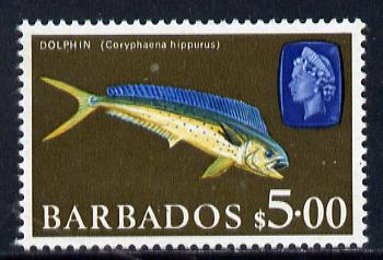 Barbados 1966-69 Dolphin Fish $5 def (wmk sideways) unmounted mint SG 355a, stamps on animals, stamps on marine life, stamps on fish, stamps on gamefish