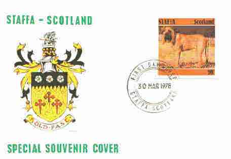 Staffa 1978 Bloodhound 10p from perf Dog set of 8, on cover with first day cancel, stamps on animals, stamps on dogs, stamps on blood hound