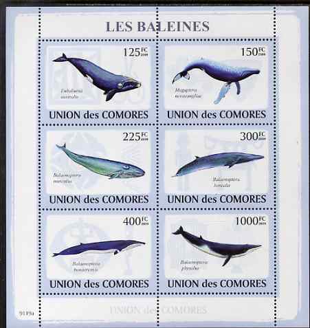 Comoro Islands 2009 Whales perf sheetlet containing 6 values unmounted mint, stamps on , stamps on  stamps on marine life, stamps on  stamps on mammals, stamps on  stamps on whales