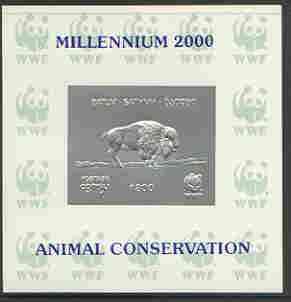 Batum 2000 WWF - Buffalo imperf sheetlet on shiney card with design embossed in silver optd Millennium 2000, Animal Conservation in blue, stamps on wwf, stamps on animals, stamps on buffalo, stamps on bovine, stamps on millennium, stamps on  wwf , stamps on 