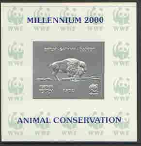 Batum 2000 WWF - Buffalo imperf sheetlet on shiney card with design embossed in silver opt'd 'Millennium 2000, Animal Conservation' in blue, stamps on , stamps on  stamps on wwf, stamps on animals, stamps on buffalo, stamps on bovine, stamps on millennium, stamps on  stamps on  wwf , stamps on  stamps on 