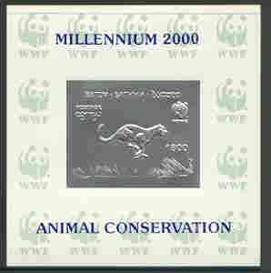 Batum 2000 WWF - Cheetah imperf sheetlet on shiney card with design embossed in silver opt'd 'Millennium 2000, Animal Conservation' in blue, stamps on , stamps on  stamps on wwf, stamps on animals, stamps on cats, stamps on cheetah, stamps on millennium, stamps on  stamps on  wwf , stamps on  stamps on 