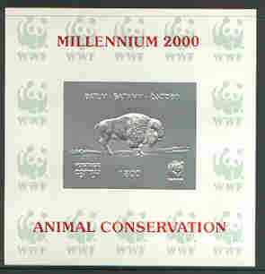 Batum 2000 WWF - Buffalo imperf sheetlet on shiney card with design embossed in silver opt'd 'Millennium 2000, Animal Conservation' in red, stamps on , stamps on  stamps on wwf, stamps on animals, stamps on buffalo, stamps on bovine, stamps on millennium, stamps on  stamps on  wwf , stamps on  stamps on 