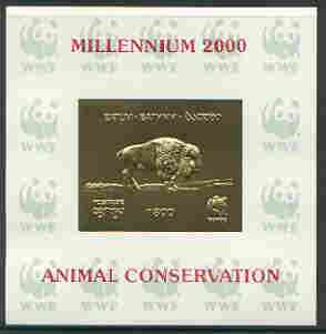 Batum 2000 WWF - Buffalo imperf sheetlet on shiney card with design embossed in gold optd Millennium 2000, Animal Conservation in red, stamps on wwf, stamps on animals, stamps on buffalo, stamps on bovine, stamps on millennium, stamps on  wwf , stamps on 