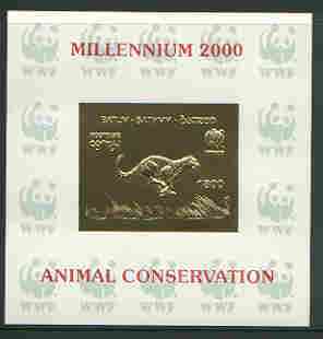 Batum 2000 WWF - Cheetah imperf sheetlet on shiney card with design embossed in gold opt'd 'Millennium 2000, Animal Conservation' in red, stamps on , stamps on  stamps on wwf, stamps on animals, stamps on cats, stamps on cheetah, stamps on millennium, stamps on  stamps on  wwf , stamps on  stamps on 