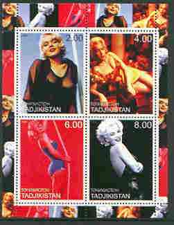 Tadjikistan 2000 Marilyn Monroe perf sheetlet containing 4 values (coloured) unmounted mint, stamps on , stamps on  stamps on music, stamps on entertainments, stamps on marilyn monroe, stamps on films, stamps on cinema, stamps on personalities