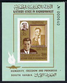 Aden - Kathiri 1967 Lincoln & Kennedy imperforate miniature sheet unmounted mint (Mi BL 14B), stamps on , stamps on  stamps on kennedy  personalities    lincoln    usa-presidents