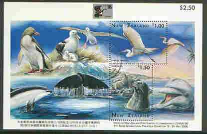 New Zealand 1996 China '96 (Sea Life) $2.50 m/sheet containing 2 values very fine cds used SG MS 1999, stamps on , stamps on  stamps on penguin, stamps on whales, stamps on heron, stamps on albatross, stamps on seal, stamps on stamp exhibitions