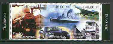 Turkmenistan 1999 Millennium (Transport) composite perf strip of 3, stamps on railways, stamps on ships, stamps on aviation, stamps on concorde, stamps on buses, stamps on cars, stamps on , stamps on millennium
