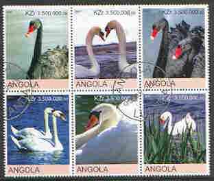 Angola 2000 Swans perf sheetlet containing 6 values very fine cto used, stamps on birds, stamps on swans