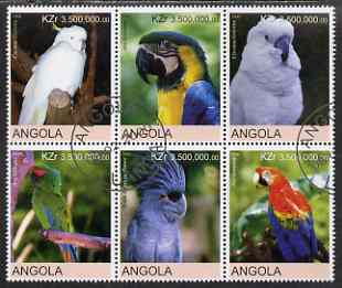 Angola 2000 Parrots set of 6 very fine cto used, stamps on , stamps on  stamps on birds, stamps on parrots