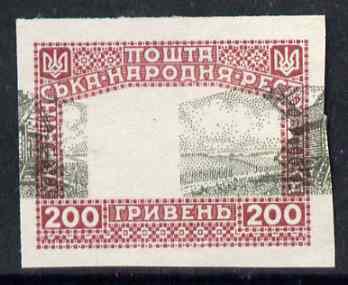 Ukraine 1920 unissued 200 gr Windmill black & claret imperf proof on ungummed paper with centre misplaced 13 mm horizontally (blocks pro rata)