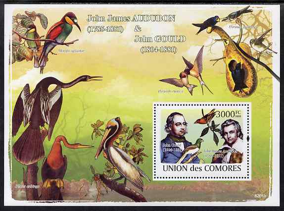 Comoro Islands 2009 Birds - John Audubon & John Gould perf s/sheet unmounted mint, Michel BL457, stamps on personalities, stamps on birds, stamps on audubon