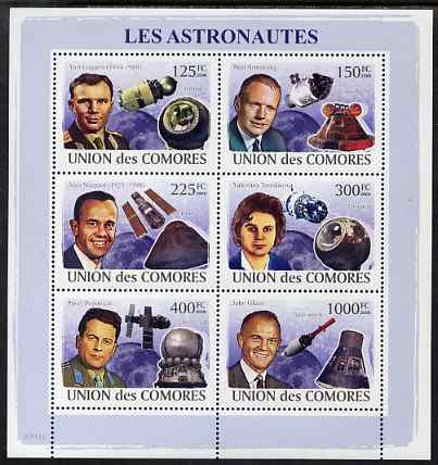 Comoro Islands 2009 Astronauts & Space perf sheetlet containing 6 values unmounted mint, Michel 2009-14, stamps on , stamps on  stamps on personalities, stamps on  stamps on space