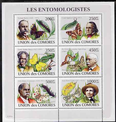 Comoro Islands 2009 Entomologists & Butterflies perf sheetlet containing 6 values unmounted mint, Michel 2044-9, stamps on , stamps on  stamps on personalities, stamps on  stamps on butterflies