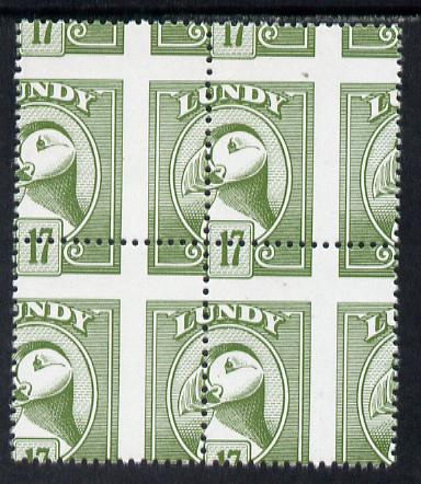 Lundy 1982 Puffin def 17p green with superb misplacement of horiz and vert perfs unmounted mint block of 4, stamps on , stamps on  stamps on birds, stamps on  stamps on lundy, stamps on  stamps on puffins