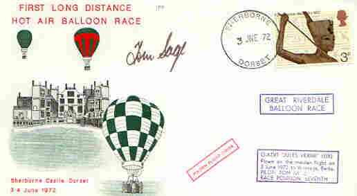 Great Britain 1972 First Long Distance Hot Air Balloon Race cover (illustrated) with G-AZVT 'Jules Verne' cachet signed by pilot Tom Sage, stamps on , stamps on  stamps on aviation, stamps on balloons, stamps on sci-fi, stamps on  stamps on literature