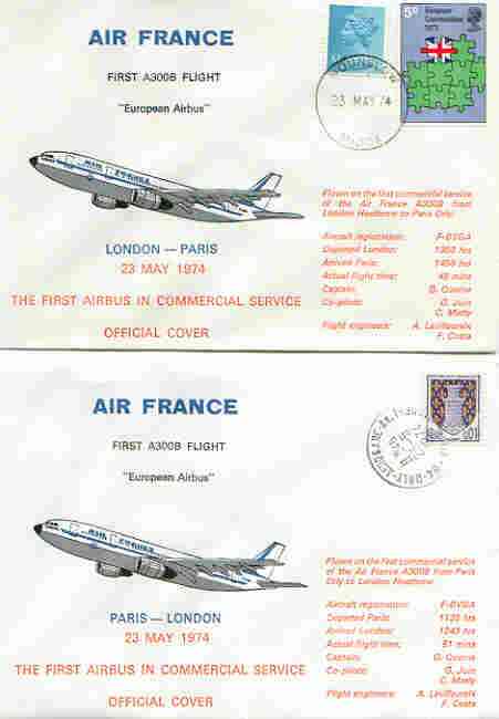 Great Britain 1974 Air France Airbus first commercial service flight cover London to Paris plus matched cover for return, stamps on , stamps on  stamps on aviation, stamps on airbus