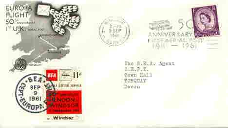 Great Britain 1961 Europa 50th Anniversary of first Aerial Post illustrated commem cover with 11d BEA Hendon to Windsor label and special 50th Anniversary cancel, stamps on aviation, stamps on postal, stamps on europa