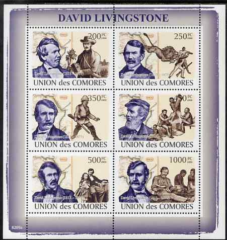 Comoro Islands 2009 David Livingstone perf sheetlet containing 6 values unmounted mint, Michel 2023-28, stamps on personalities, stamps on explorers, stamps on livingstone, stamps on maps, stamps on lions