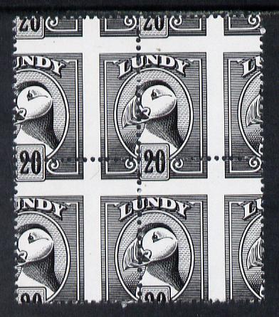 Lundy 1982 Puffin def 20p black with superb misplacement of horiz and vert perfs unmounted mint block of 4, stamps on birds, stamps on lundy, stamps on puffins