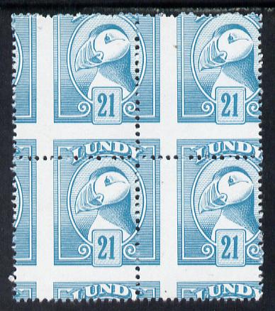 Lundy 1982 Puffin def 21p pale blue with superb misplacement of horiz and vert perfs unmounted mint block of 4, stamps on , stamps on  stamps on birds, stamps on  stamps on lundy, stamps on  stamps on puffins