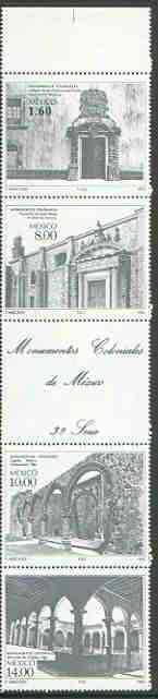 Mexico 1982 Colonial Architecture (3rd series) unmounted mint se-tenant strip of 4, stamps on architecture, stamps on buildings, stamps on churches